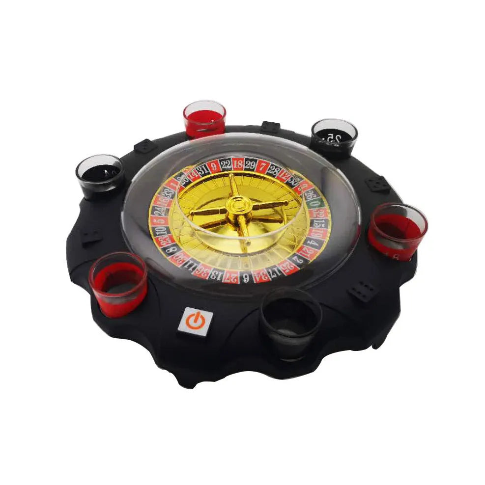 Electric roulette drinking game set with acrylic turntable, two steel balls and six red and black numbered shot glasses