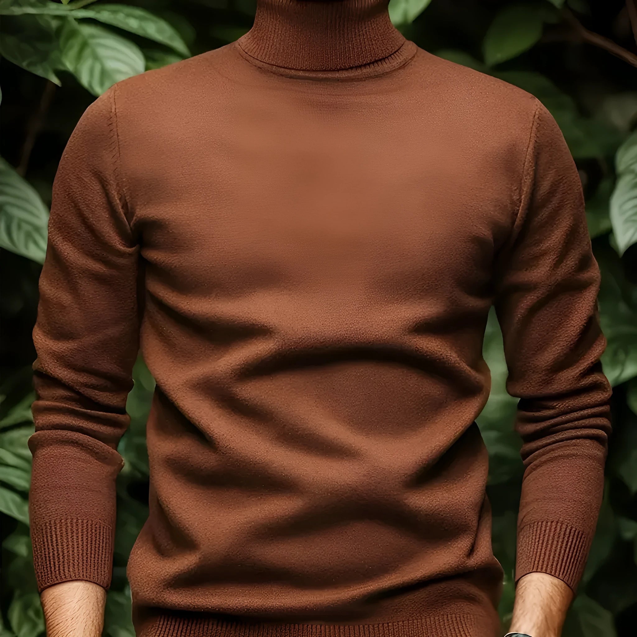 Men's solid color turtleneck sweater in chenille and spandex fabric, available in black, burgundy, coffee, khaki, military blue, sky blue, and white.