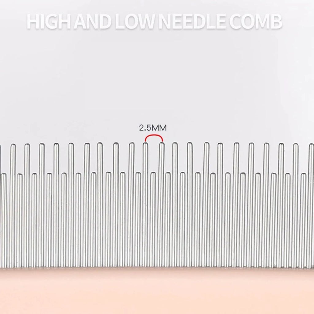 Pet grooming comb set showing three comb types with dense, high/low, and sparse needles on rubber handles