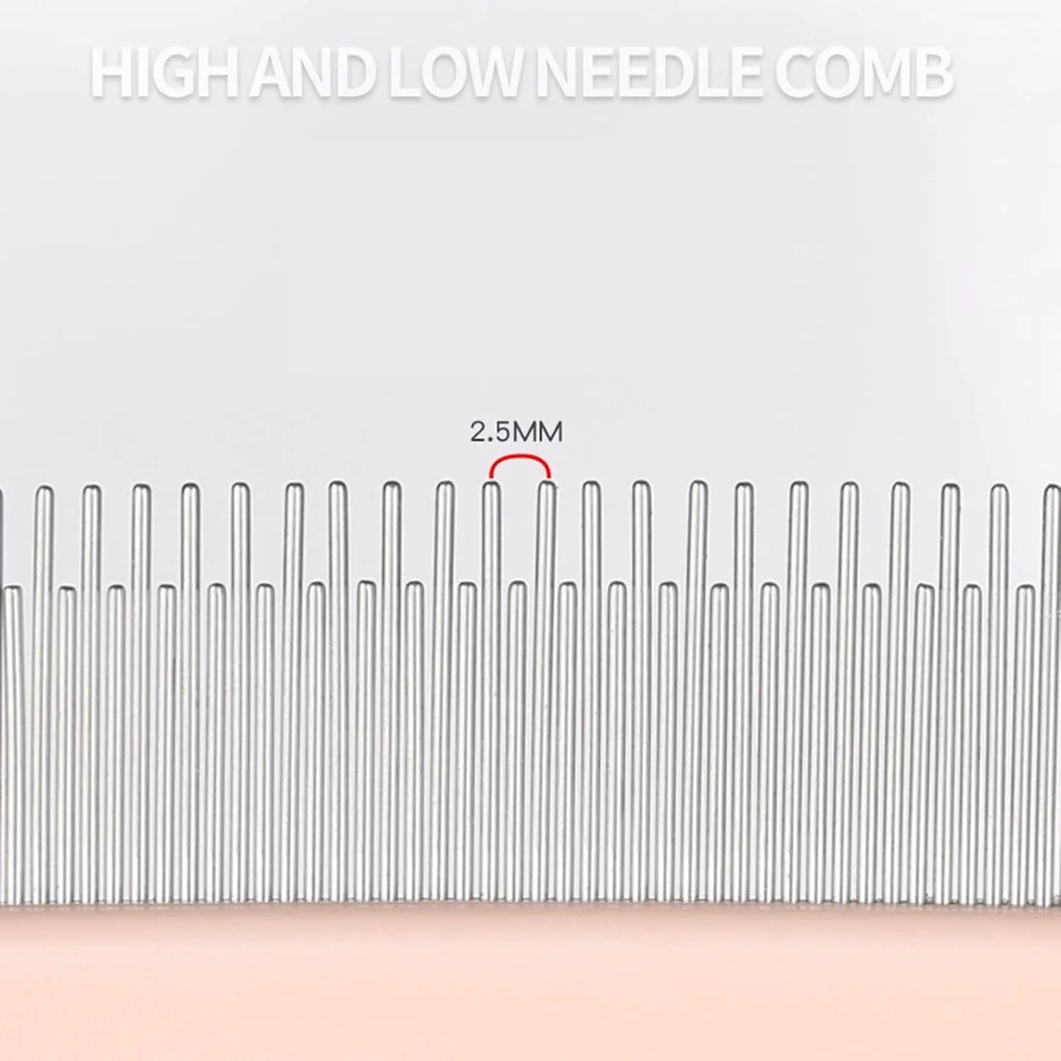 Pet grooming comb set showing three comb types with dense, high/low, and sparse needles on rubber handles