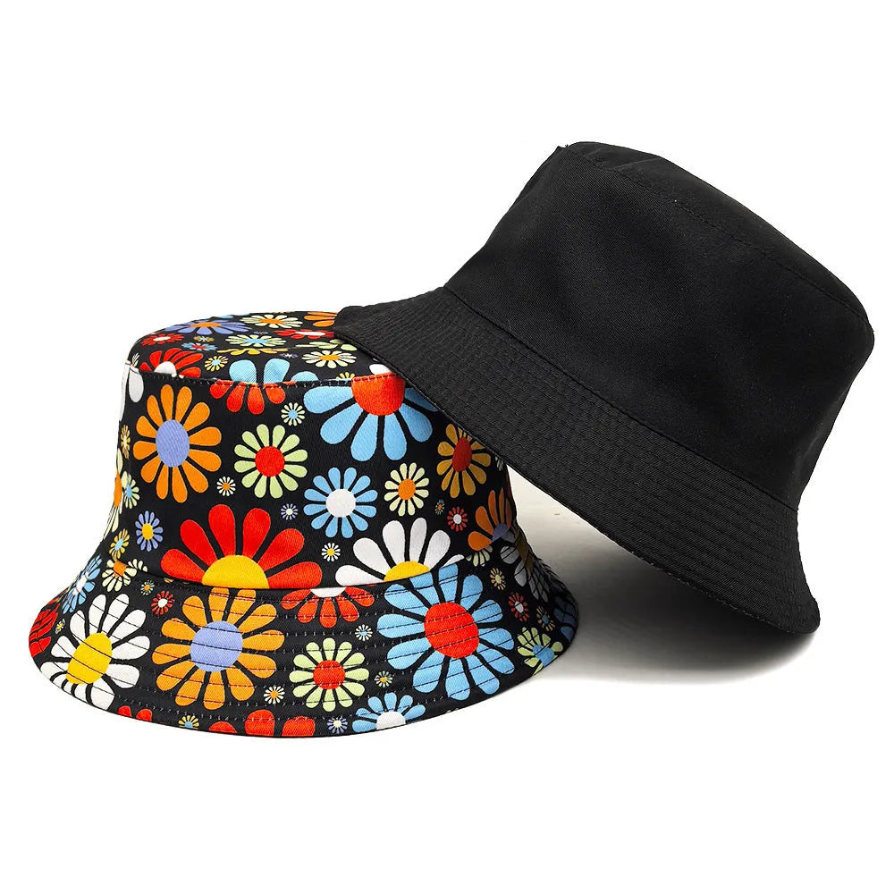 Colourful floral pattern retro bucket sun hat with a dome crown, shown on a neutral background.