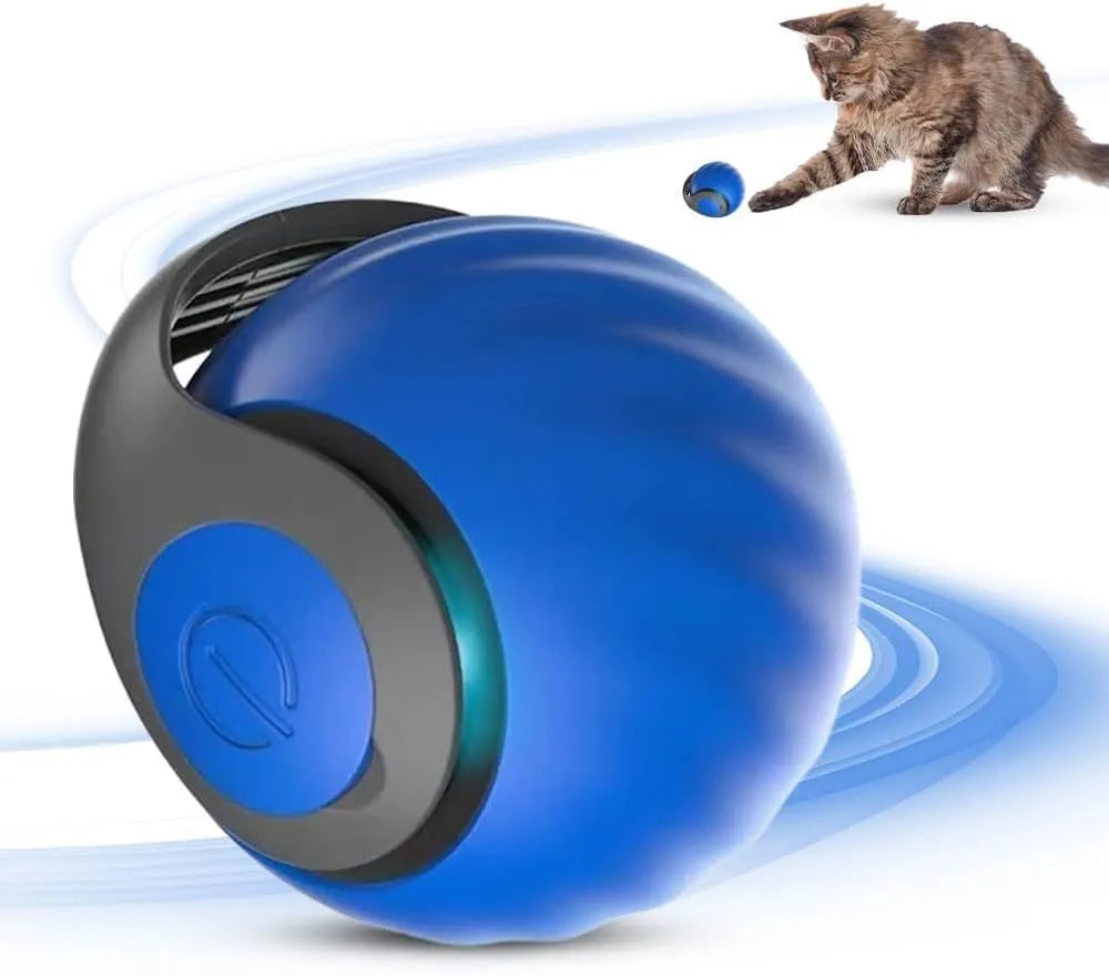 Interactive self-moving pet ball toy in blue and red colours with rechargeable battery for indoor cats and dogs