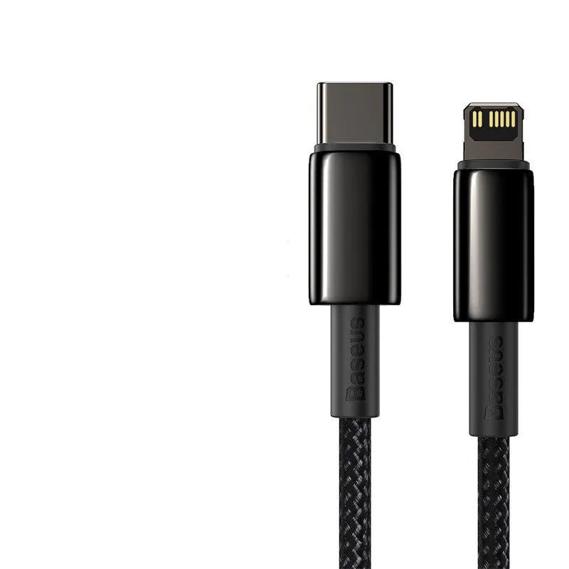 Baseus PD 20W fast charging data cable, black zinc alloy and nylon braided, 1m or 2m, Type C to IP
