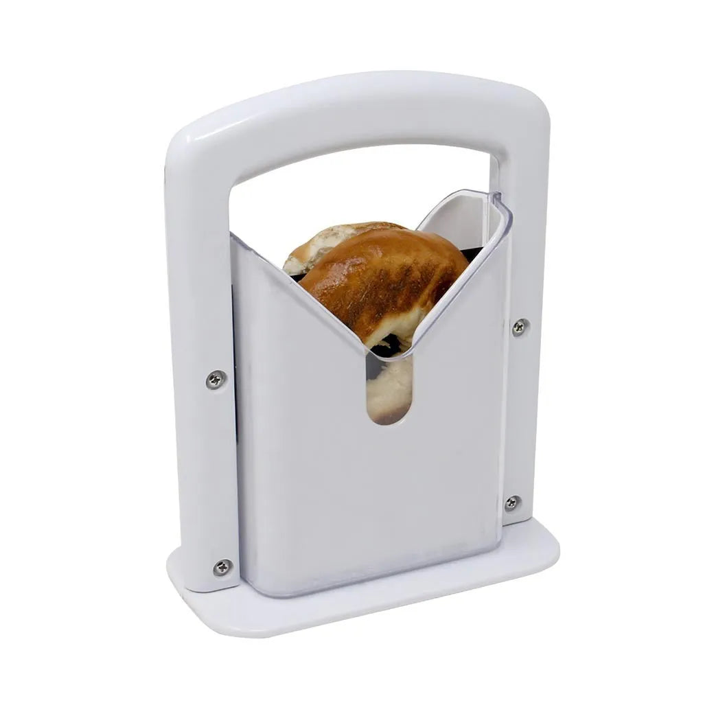 White plastic bagel guillotine slicer with clear acrylic safety shields and stainless steel serrated blade