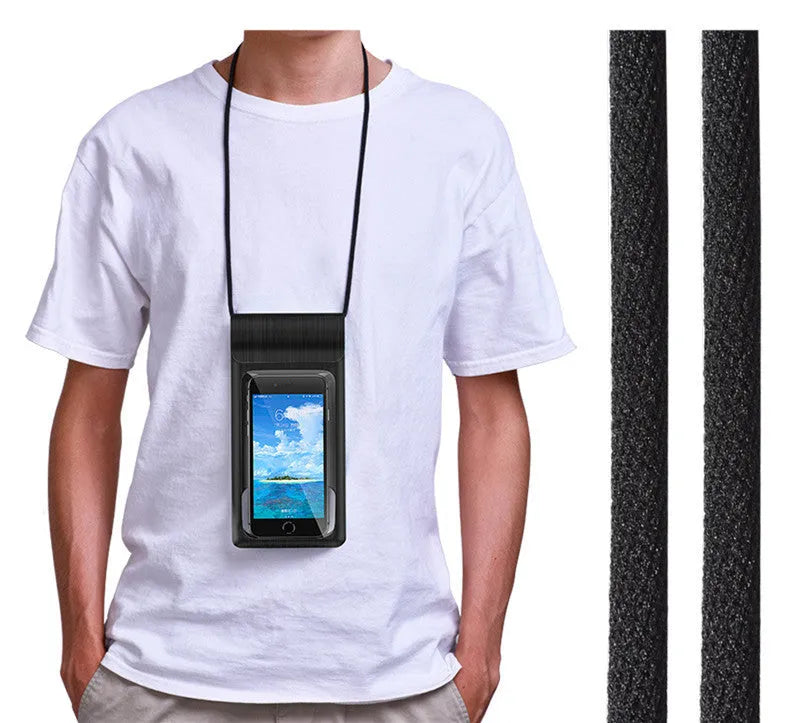 Black mobile phone waterproof bag with synthetic leather and TPU window, 22cm by 10.6cm