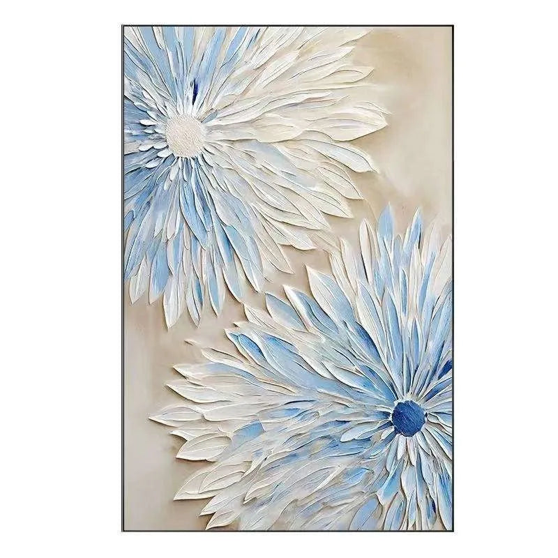 Hand painted abstract blue white flower oil painting on canvas vertical modern wall art for bedroom