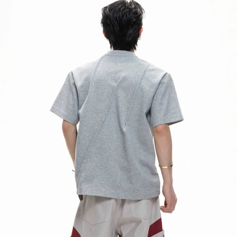 Men's black cotton t-shirt with pleated detail and round neck collar