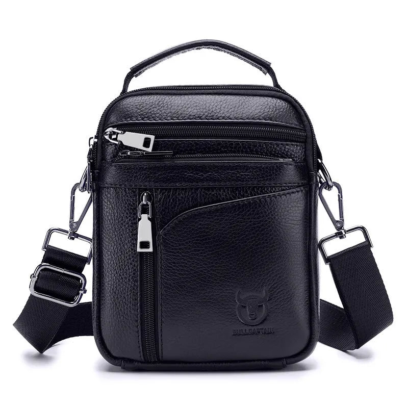 Black genuine leather men's shoulder messenger bag with retro styling