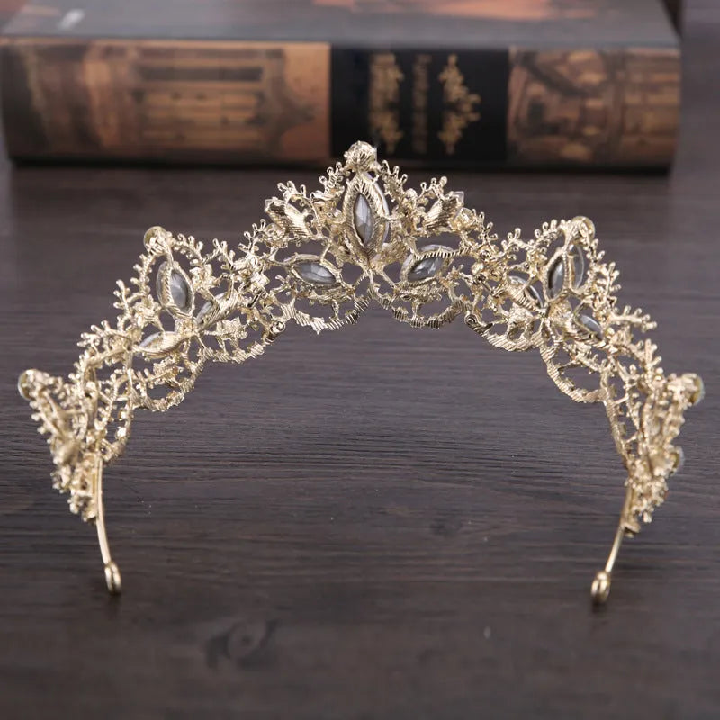 Light gold baroque bridal crown tiara with AB crystals on alloy frame measuring 15 cm diameter