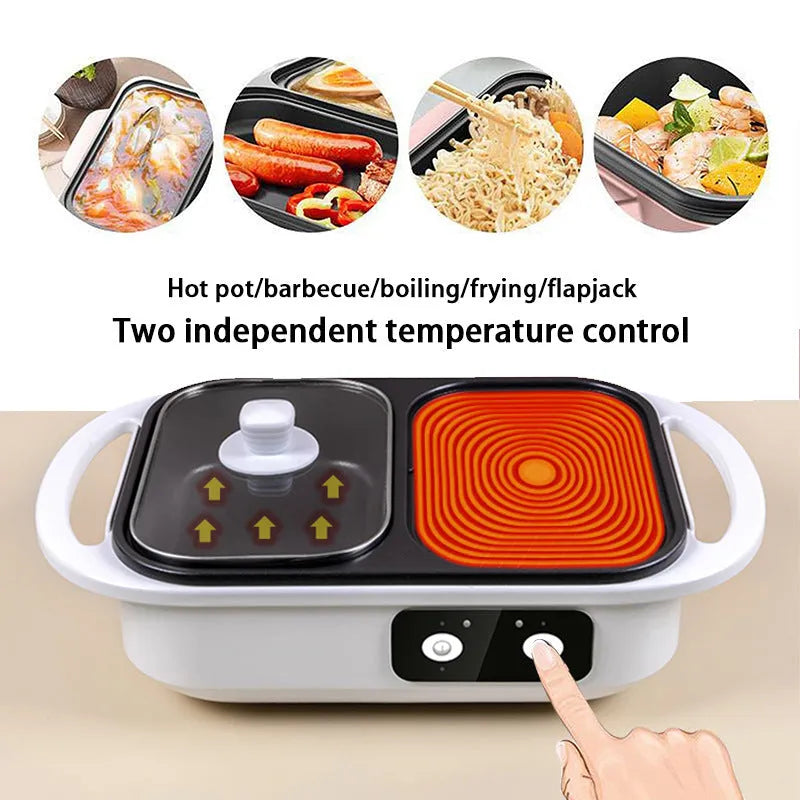 White electric casserole appliance with dual hot pot and frying oven functions on kitchen counter