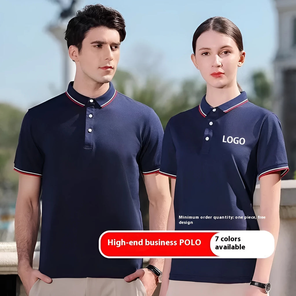 Embroidered lapel short sleeve cotton blend top in navy blue on hanger