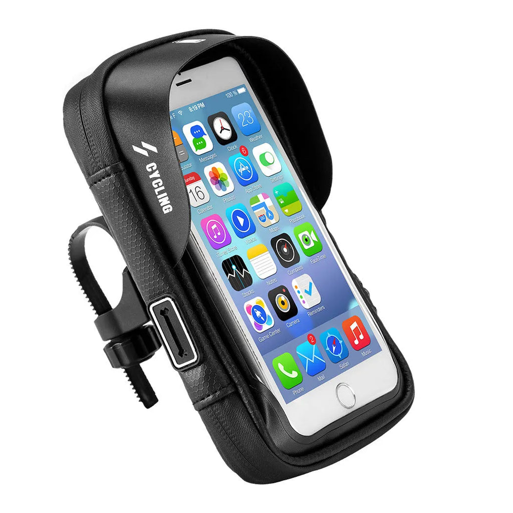 Black waterproof bicycle handlebar bag with transparent touch screen and rotating mount for navigation