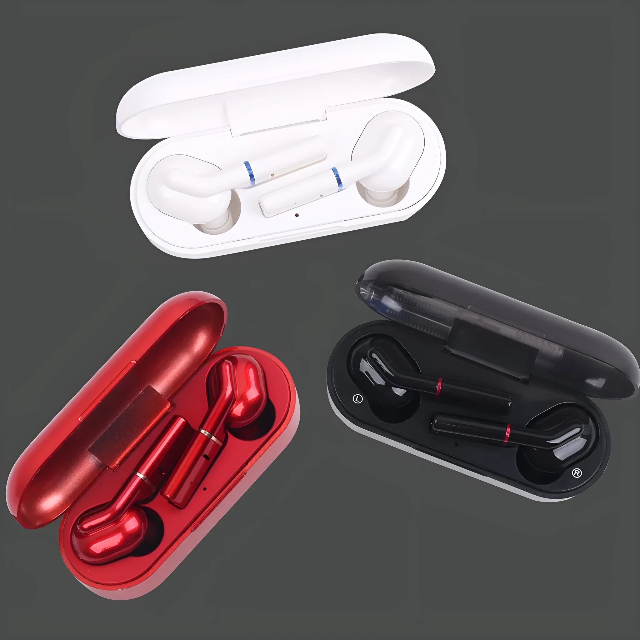 Black and white VV1 true wireless Bluetooth earphones with compact charging case