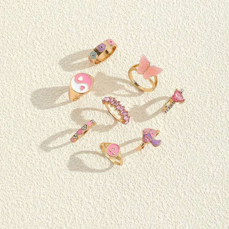 European American style colour dripping ring set 8 pieces zinc alloy with plant flower design