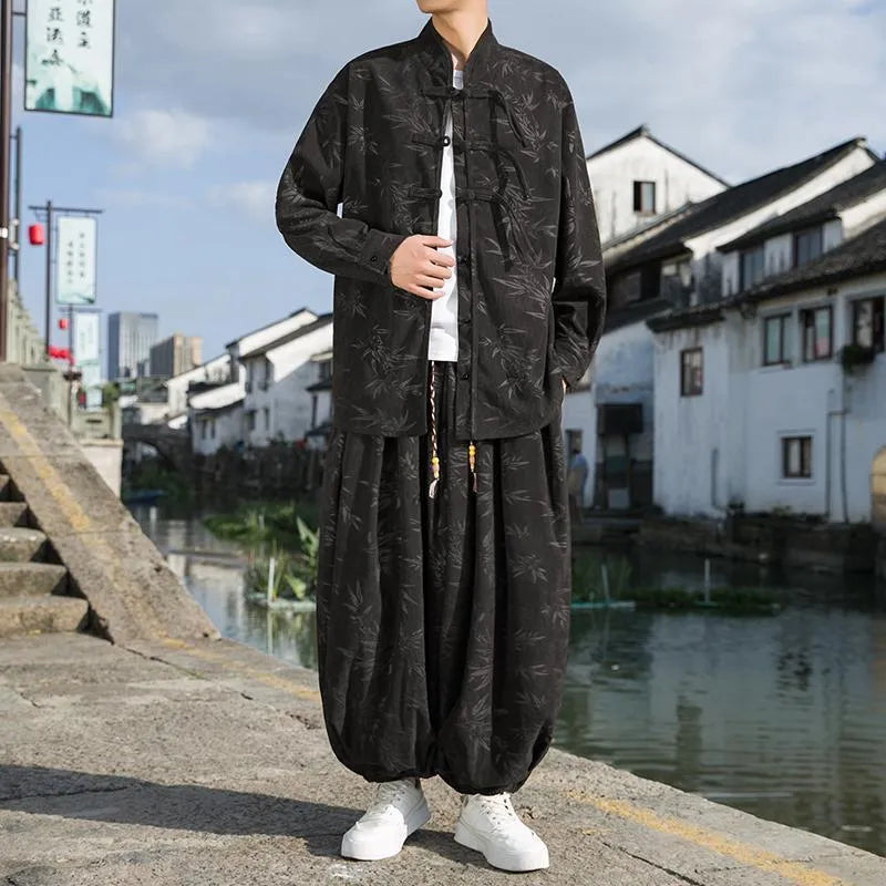 Chinese style men's corduroy casual pants in brown, cotton blend fabric, side view on model.