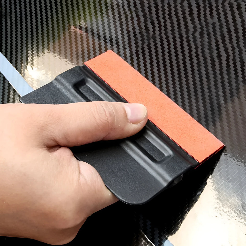 Professional automotive film scraper tool with black ABS handle and blue faux deerskin scraping pad.