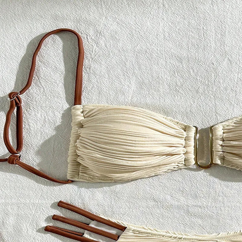 Women's three-piece striped polyester bikini set in European American style, available in five colours, sizes XS-L