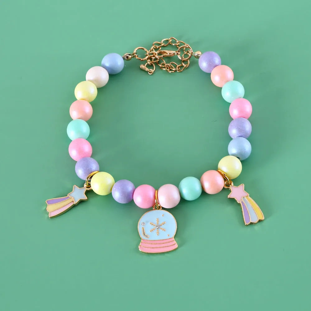 Colourful macaron charm pet collar and bracelet set for rabbits, cats, and dogs in three sizes.