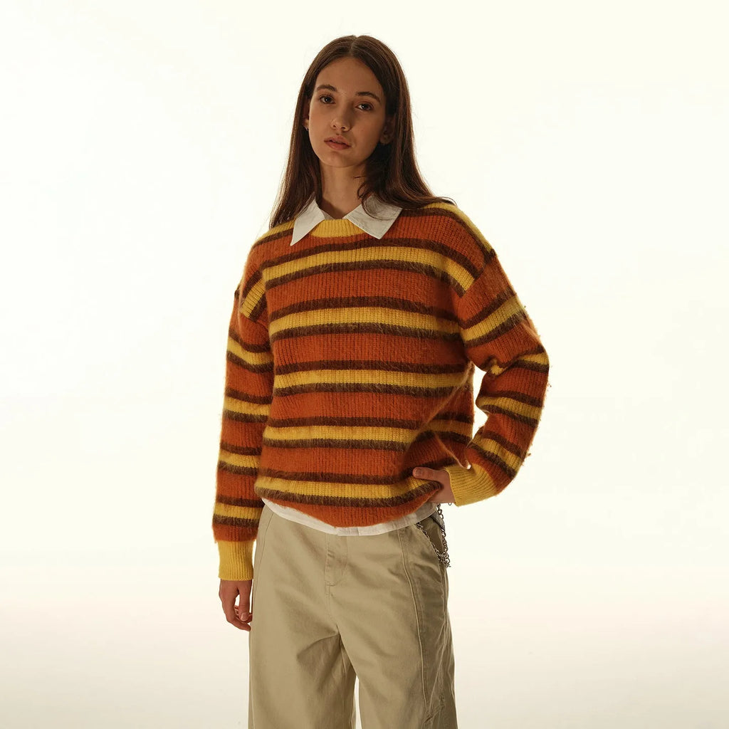 American retro cleanfit striped round neck pullover sweater for men in yellow-orange and blue-black colour options