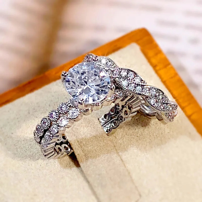 Three ring set copper zircon geometric design Q147 white gold colour for women sizes No.6-10
