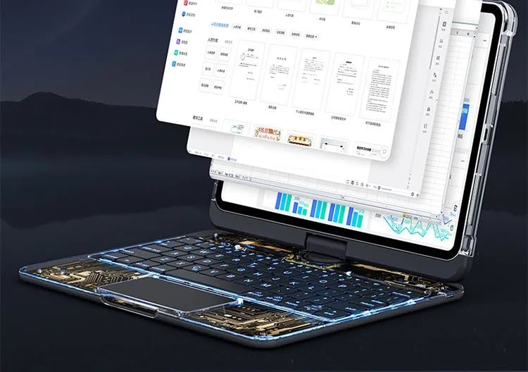 360 swivel transparent keyboard case for iPad with trackpad and telescopic pen slot