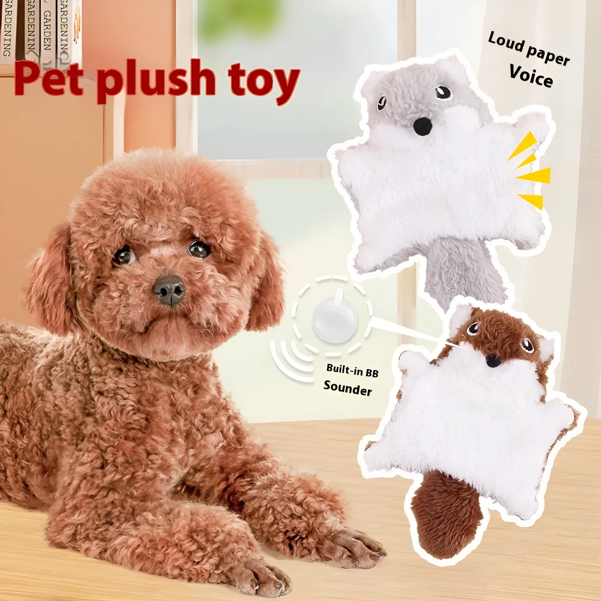 Plush flying squirrel cat teaser toy in brown and grey with ringing paper sound, on a plain background