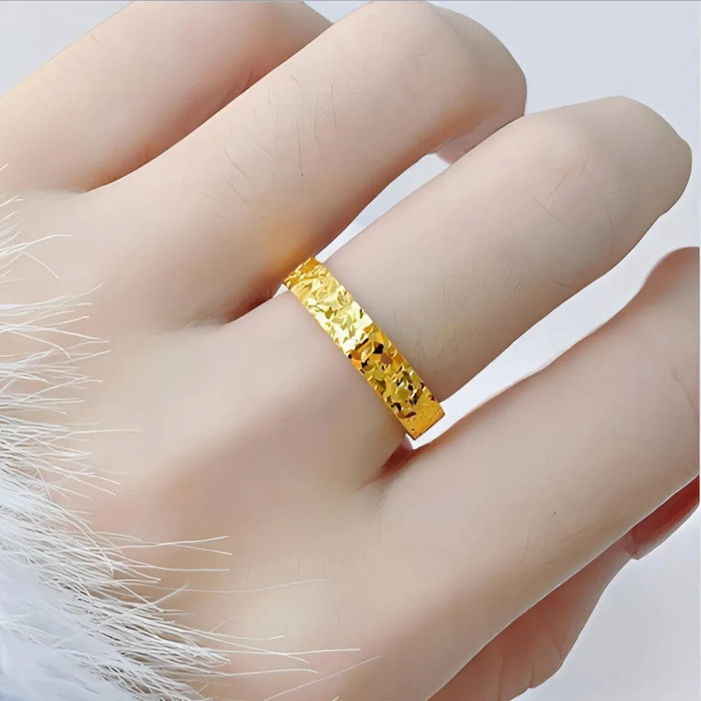 Vietnam placer gold open ring for women, adjustable, yellow gold finish, geometric starry sky pattern, on forefinger