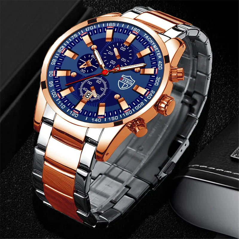 Men's stainless steel luminous quartz wristwatch with calendar, 42mm dial, black face, mineral glass mirror, single fold buckle