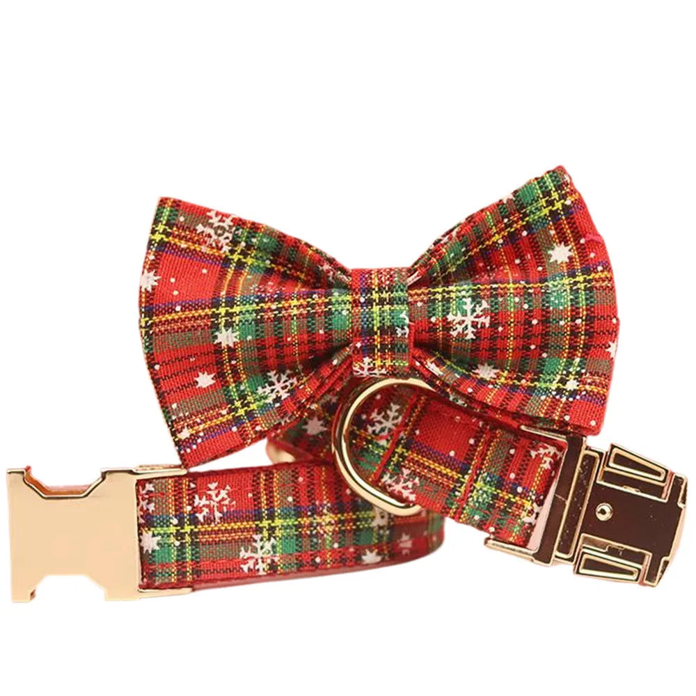 Red snowflake pattern Christmas dog collar leash vest bow four-piece set with plaid design