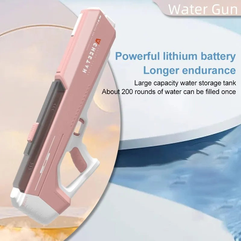 Fully electric water gun toy in sky blue with trigger handle and ABS plastic body on outdoor grass background