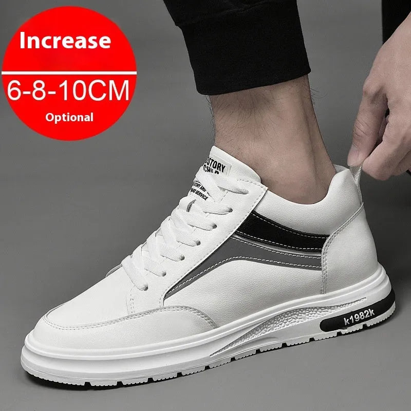 Men's black and white low-top lace-up casual sneakers with hidden height increase insoles on a rubber sole.