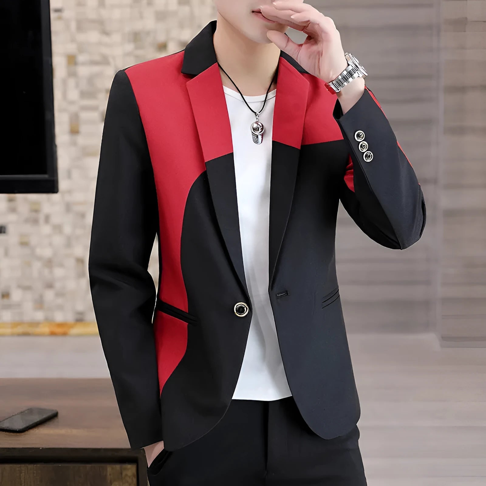 Black and red polyester single-breasted blazer for men, suit coat, full front view