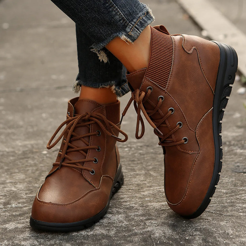 Women's round toe lace-up ankle boots with front strap, flat non-slip sole, retro Western style, brown yellow black, sizes 36-43