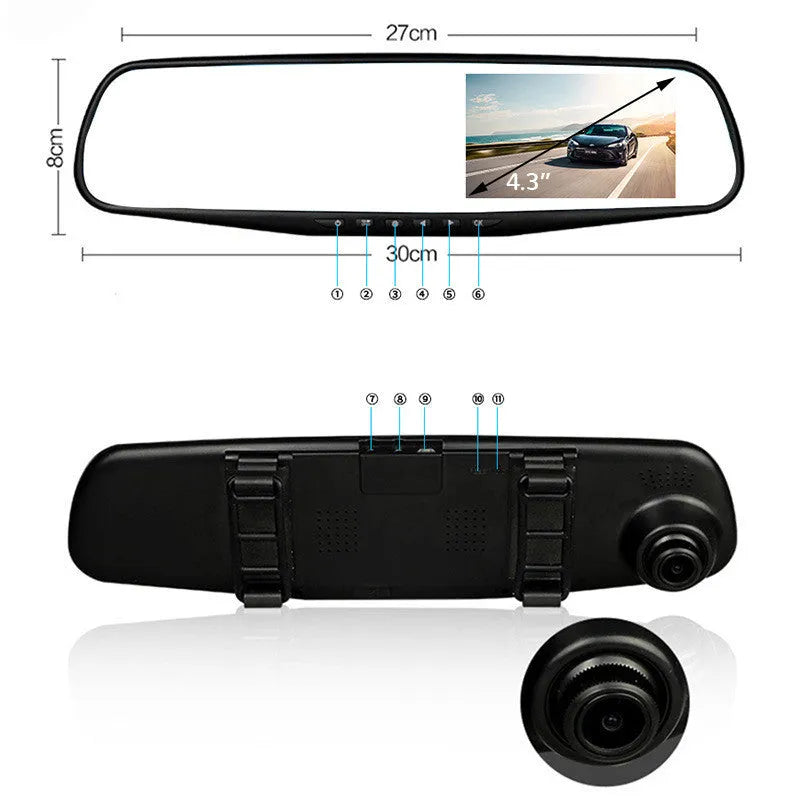 Car driving recorder HD night vision rearview mirror 4.3-inch wide-angle lens black