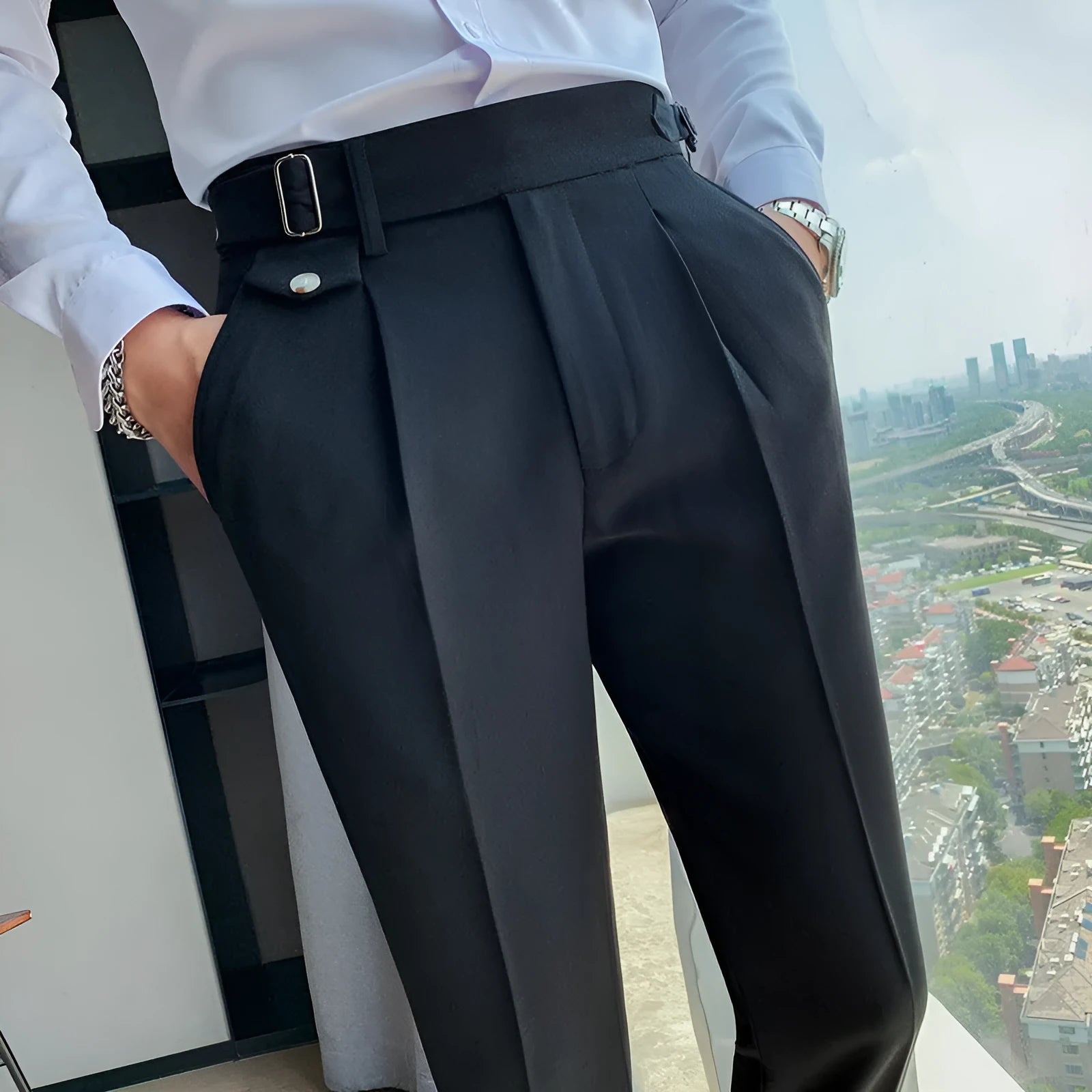 Straight-leg casual polyester trousers on a hanger, shown in a solid colour.