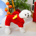Red pet dog jacket with 24 Little Dragon cartoon design on double-sided velvet fabric