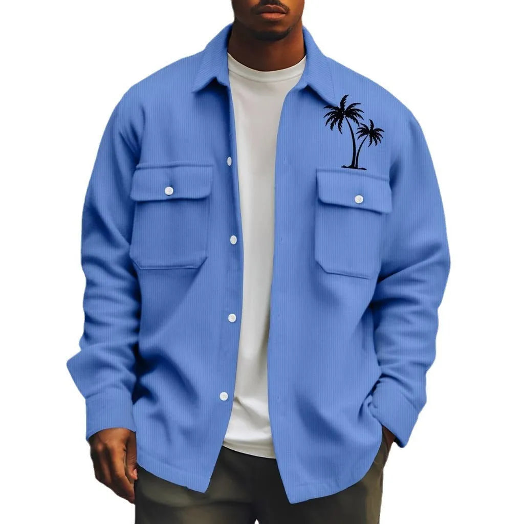 Men's solid colour polyester fibre jacket with digital print, loose fit, long sleeves, and patch pockets