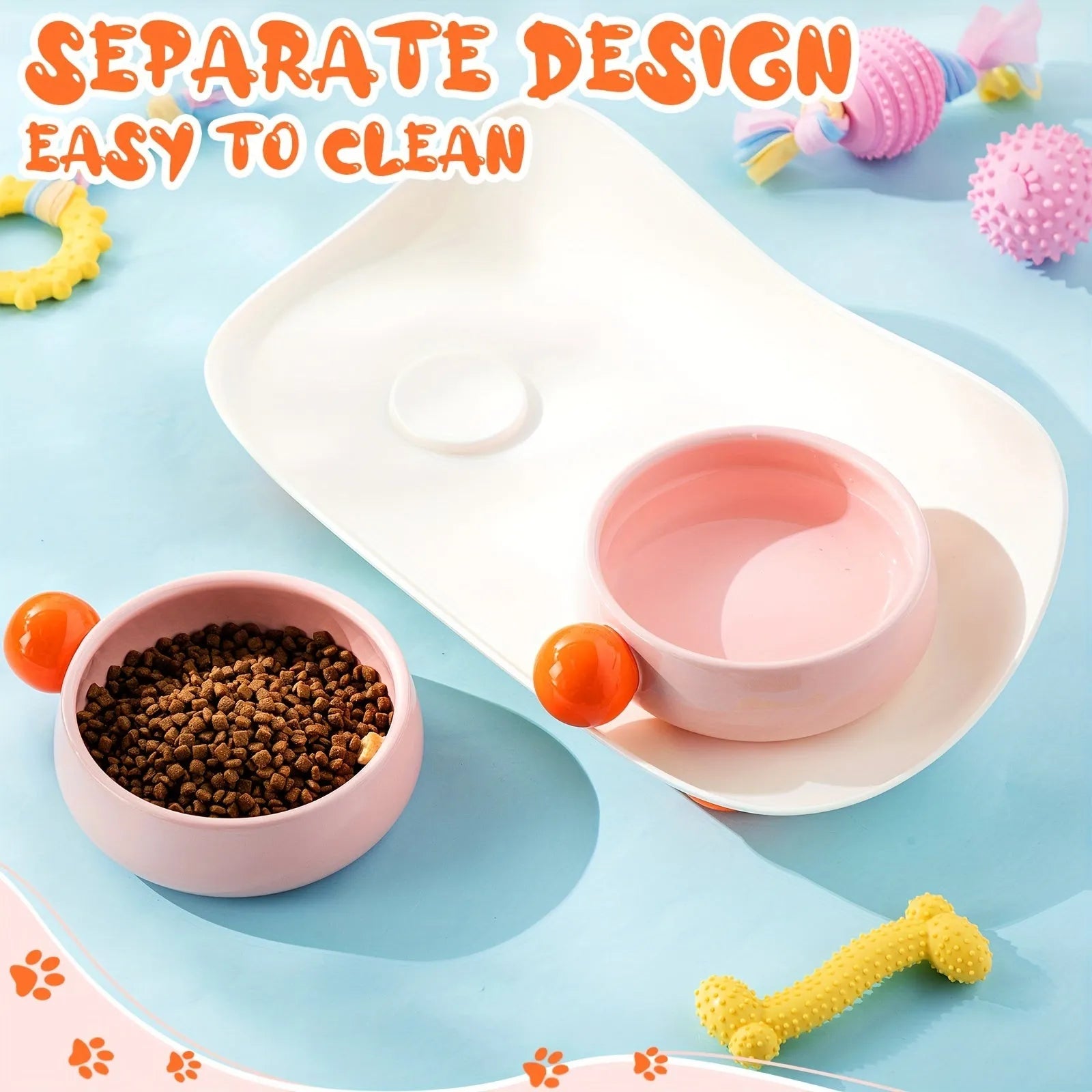 Pink elevated ceramic double bowl set for cat food and water on a non-slip base.