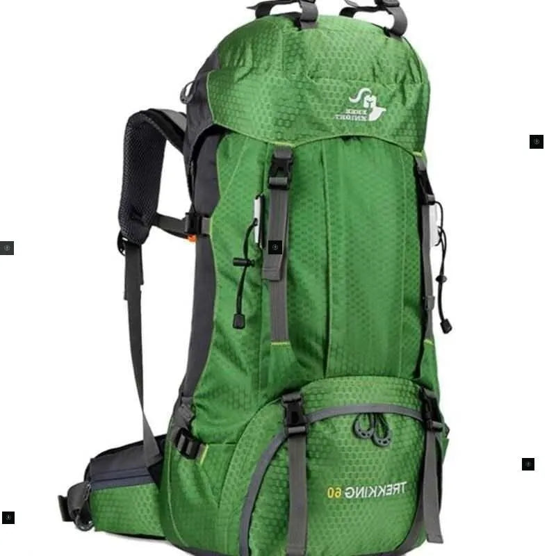 60L waterproof hiking travel bag with leather trim in yellow, green and blue colour options