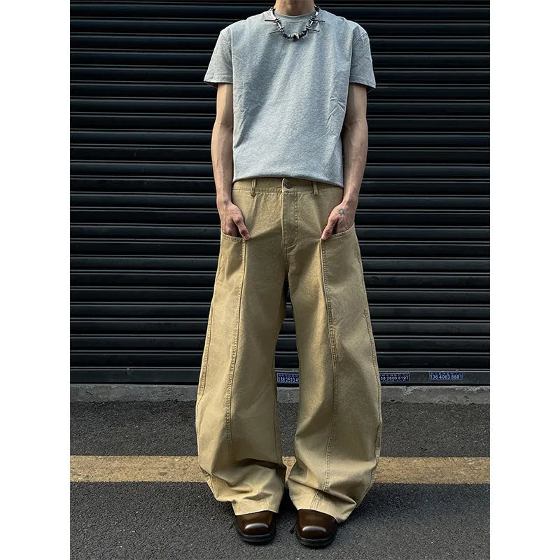 Khaki coloured men's straight leg cotton trousers on a white background