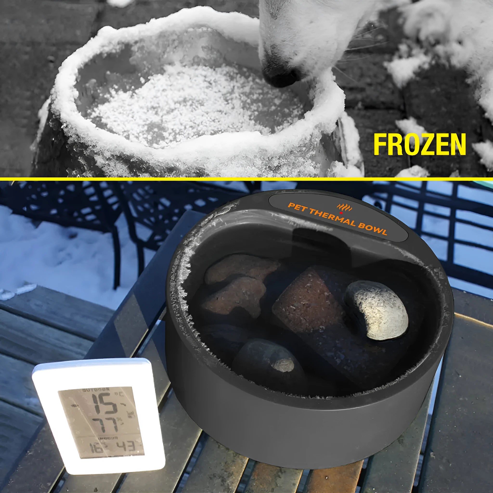 Black ABS plastic pet heating bowl with constant temperature control and 2.2 litre capacity.