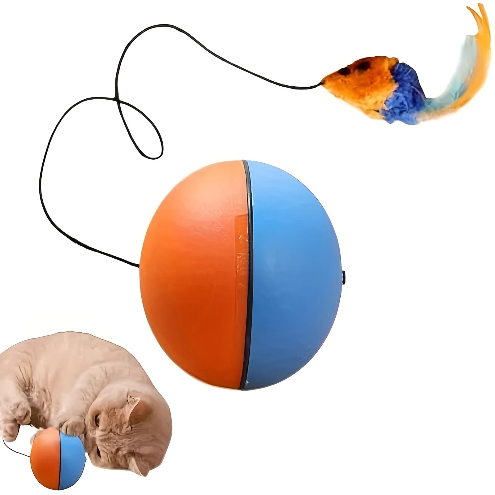 Interactive cat toy ball with plush mouse inside, available in grey or orange colours