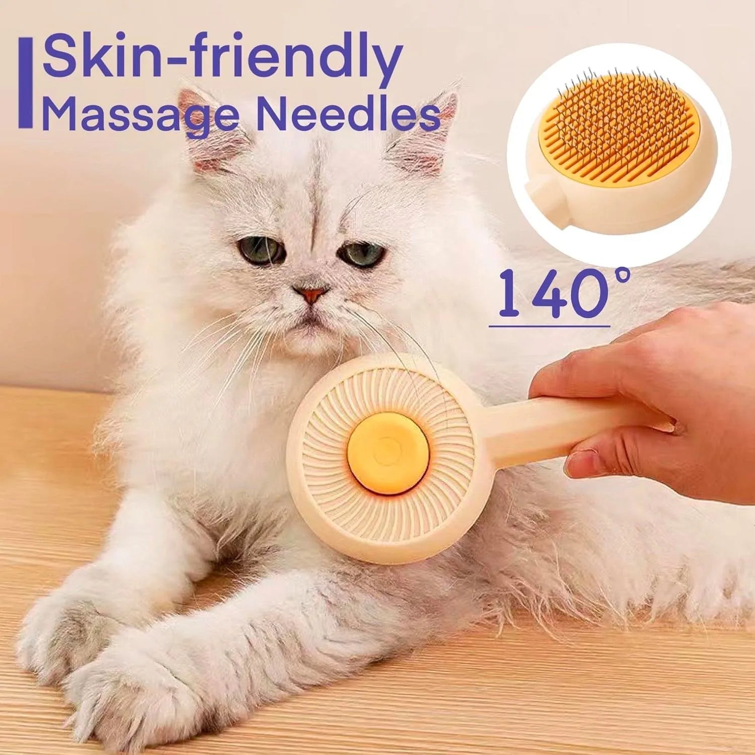 Blue self-cleaning pet grooming brush with angled metal pins