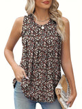 Plus-size black floral print sleeveless vest with round neck on a hanger, showing loose fit.