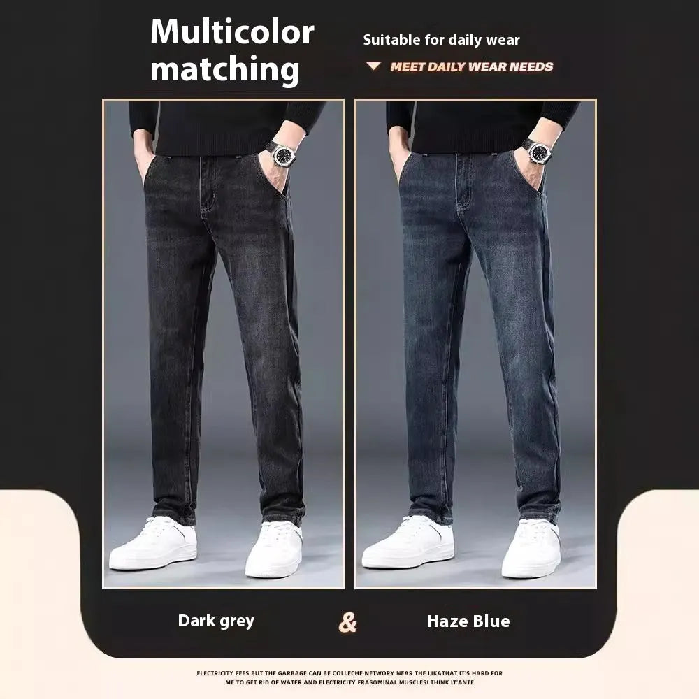 Blue grey slim straight casual trousers with elastic waist and zip fly on hanger