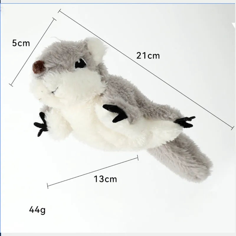 Grey flapping squirrel cat toy with USB charging cable for interactive feline play