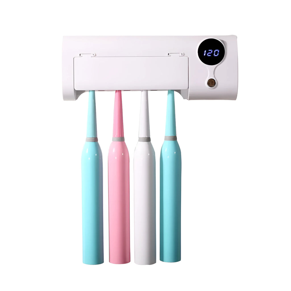 White wall-mounted toothbrush sterilizer with UV disinfection and USB power port