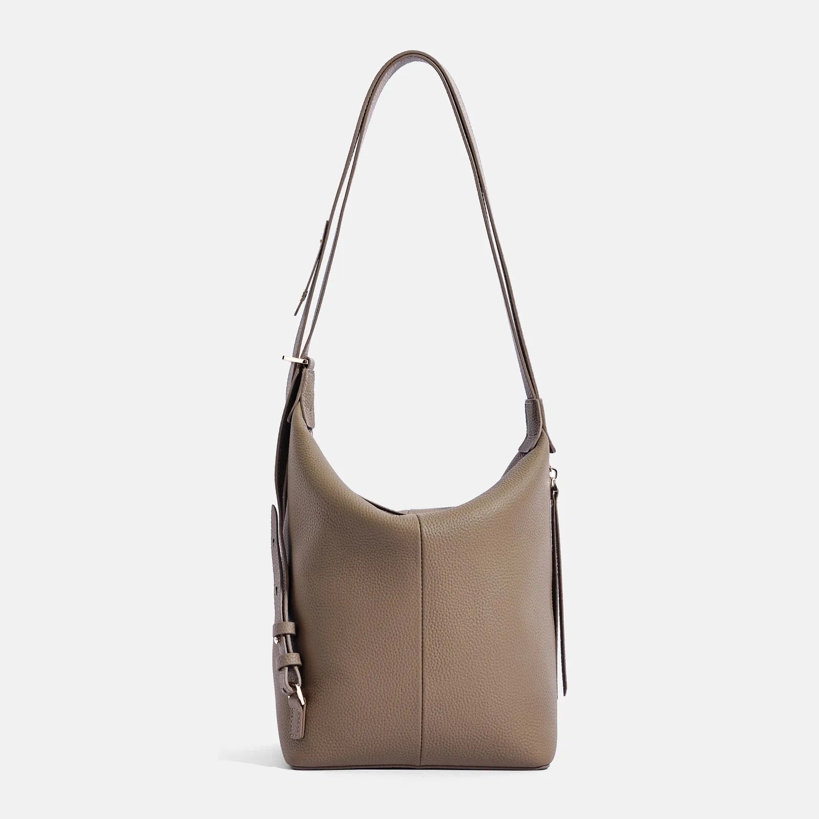 Women's soft cowhide leather bucket shoulder bag in elephant grey colour showing large capacity design