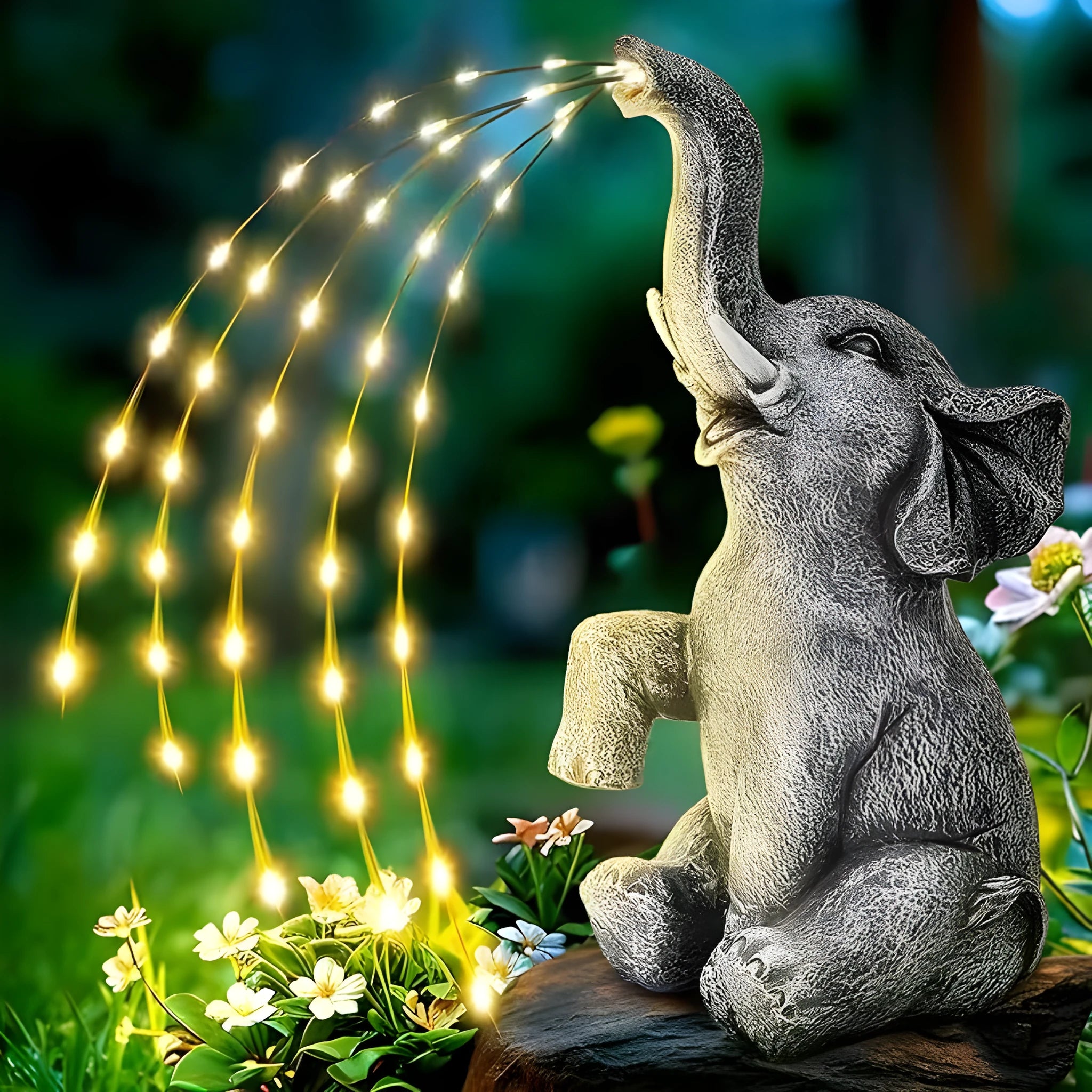Outdoor resin elephant garden statue with integrated light strip on grass.