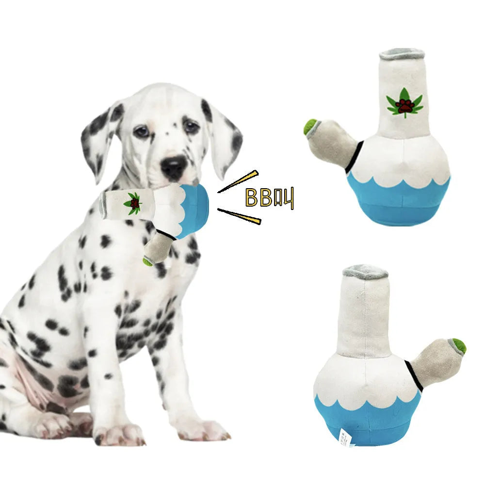 Kettle-shaped plush dog toy with squeaker, measuring 24cm with printed pattern design